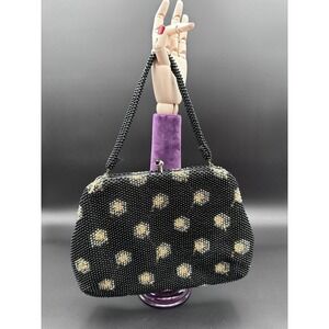 Vintage Corde Bead Lumured reversible beaded handbag purse black floral pattern